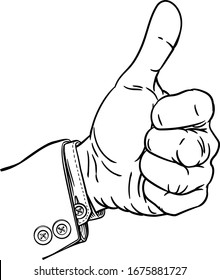 A hand giving a thumbs up or like gesture in a business suit with thumb extended and fingers in a fist