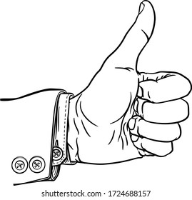 A hand giving a thumbs up or like gesture in a business suit with thumb extended and fingers in a fist