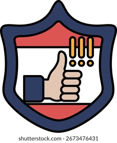 Una mano dando un pulgar hacia arriba a un escudo. El escudo es rojo y azul. El escudo es un símbolo de protección