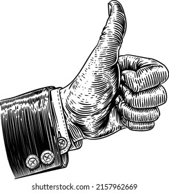 A hand giving a thumbs up sign in a business suit. In a vintage retro woodcut illustration style 