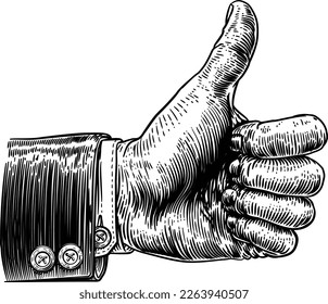 A hand giving a thumbs up sign in a business suit. In a vintage retro woodcut illustration style 