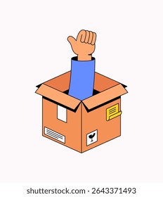 Hand giving a thumbs-up emerging from a cardboard box. Symbolizes positive feedback, unboxing surprise, delivery approval, or encouragement cartoon illustration vector