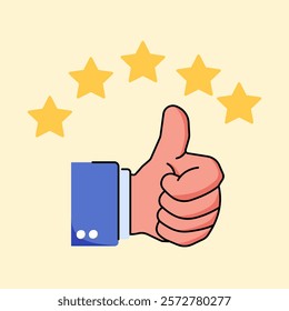 A hand giving a thumbs-up gesture with five stars above on yellow background.