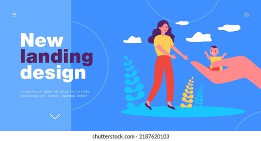 Hand giving tiny boy to mother, parent adopting son. Protection and support for child adopted by woman flat vector illustration. Adoption concept for banner, website design or landing web page