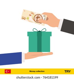 Hand giving turkey lira banknote and present gift instead. Shopping design over white background, vector illustration.
