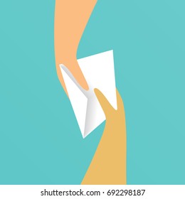 Hand giving white paper envelope to another hand. Vector illustration