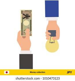 Hand giving Yen banknote and idea instead. Business finance concept over white background, vector illustration.