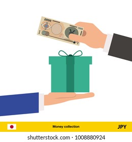 Hand giving Yen banknote and present gift instead. Shopping design over white background, vector illustration.