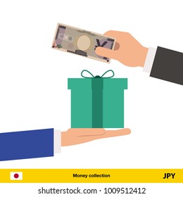 Hand giving Yen banknote and present gift instead. Shopping design over white background, vector illustration.
