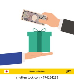 Hand giving Yen banknote and present gift instead. Shopping design over white background, vector illustration.