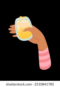 Mano con vaso de cóctel de alcohol o Ilustración vectorial de bebida aislada sobre fondo negro. La persona sostiene una copa con vino. Personas celebrando con brindis y vitoreando. Festiva, fiesta.