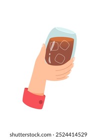 Mano con vaso de cóctel de alcohol o Ilustración vectorial de bebida aislada sobre fondo blanco. La persona sostiene una copa con vino, cerveza, whisky. Personas celebrando con brindis y vitoreando. Festiva, fiesta.