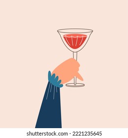Hand with glass of alcohol drink or cocktail, flat vector illustration isolated on background. Celebrating holiday and having party, hand raising for festive toast.