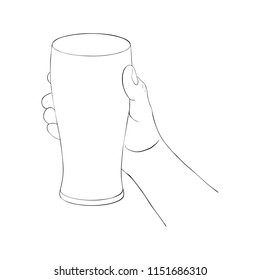 hand with glass for beer, line drawing isolated symbol at white background