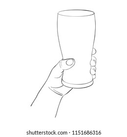 hand with glass for beer, line drawing isolated symbol at white background