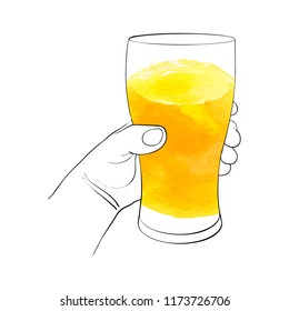 hand and glass with beer, line drawing isolated symbol at white background with watercolor paint