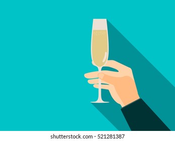 Hand with glass of champagne in flat style. Vector illustration.
