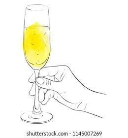 hand with glass of champagne, line drawing isolated symbol at white background