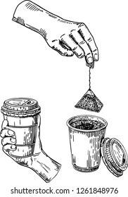 Hand with a glass of coffee. Hand puts a tea bag into a glass. Sketch. Have a break and human hands with a cup os hot coffee and tea. 