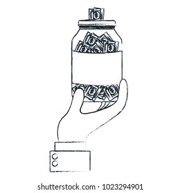 hand with glass jar and bills