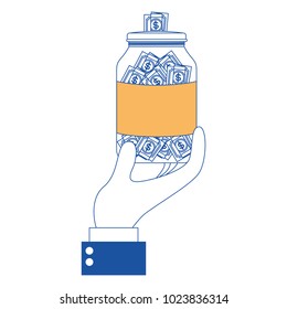 hand with glass jar and bills