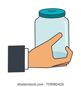 hand with glass jar isolated icon