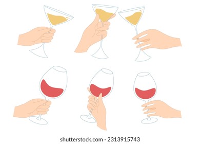 Hand with a glass of red or white wine. Celebration concept. Illustrations for the design of the holiday, party, menu, presentation, postcard.