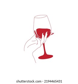 Hand with a glass of red wine. vector illustration. Wine glassy vector line art for poster, card or web.