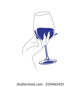 Hand with a glass of red wine. vector illustration. Wine glassy vector line art for poster, card or web.