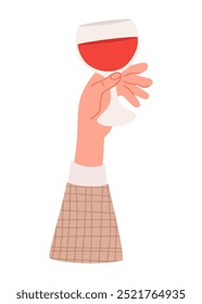Hand with glass of red wine. Vector illustration in flat style