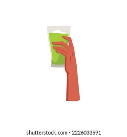Hand with glass of soda sparkling water flat vector illustration isolated on white background. Hand holding glass of soda drink with lime or mint flavour.