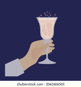 Hand with a glass for a sparkling wine party. Festival with champagne toast on the occasion of the celebration. Cocktail and alcoholic drinks with bubbles. Vector illustration