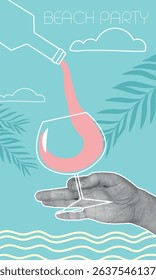 Hand with glass of wine, bottle, outline drawing, line art, beach party. Restaurant poster, bar menu, wine list, kitchen decor, white wine, cabernet, chardonnay