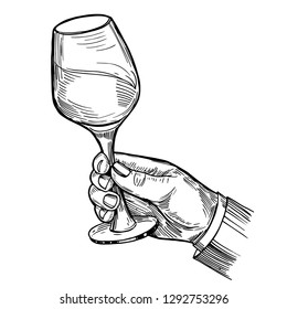 Hand with a glass of wine. Engraving style. Hand drawn illustration converted into vector.