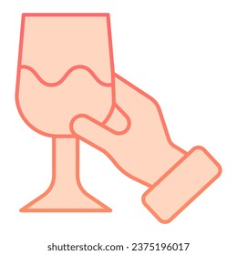 Mano con un icono de copa de vino. Sujetando el pictograma de estilo de gradiente de guijarros sobre fondo blanco. Diseño web de concepto móvil para uso de equipo de conocedores de vino o de gourmet. Gráficos vectoriales