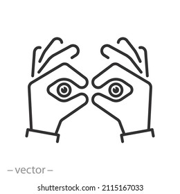 Handgläser-Symbol, Ferngläser-Geste, Sicht-Vision, Dünnzeilensymbol auf weißem Hintergrund - bearbeitbarer Schlaganfall, Vektorgrafik EPS10