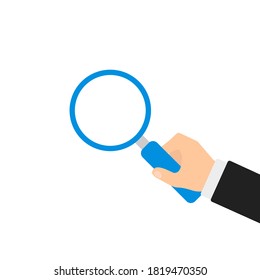 Hand with glasses magnifier in flat style. Search business concept. Cartoon vector illustration