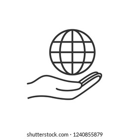 Hand with global icon. Vector illustration, flat design.