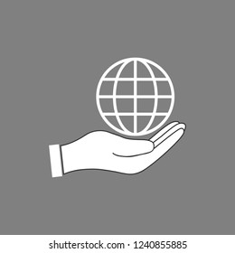 Hand with global icon. Vector illustration, flat design.