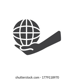 hand with global sphere icon over white background, silhouette style, vector illustration