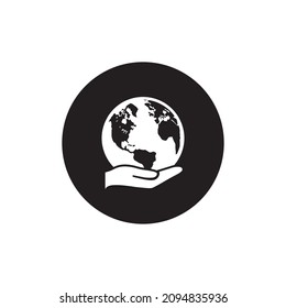 Color de fondo negro de los iconos de la mano y del globo aislado. Icono del Servicio Mundial. Icono de servicio global.
