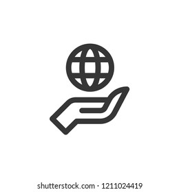 Hand and globe icon, linear globe on hand, simple thin line icon, environmental pictogram