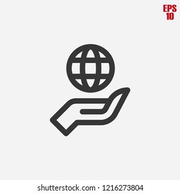 Hand and globe icon, linear globe on hand, simple thin line icon, environmental pictogram