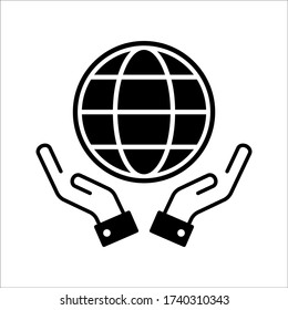 hand and globe icon on white bckground