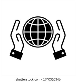 hand and globe icon on white bckground