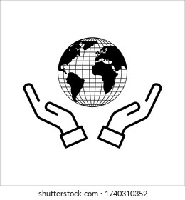 icono de mano y globo en fondo blanco