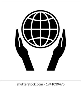 hand and globe icon on white bckground