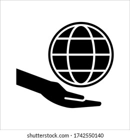 icono de mano y globo en fondo blanco