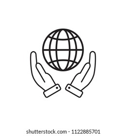 Hand and globe icon, save earth symbol vector illustration design element.