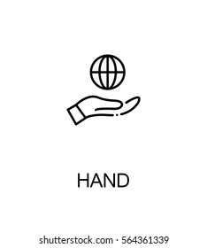 Hand with globe icon. Single high quality outline symbol for web design or mobile app. Thin line sign for design logo. Black outline pictogram on white background